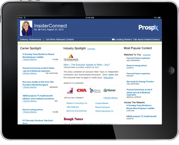 Archived ProspX InsiderConnect interface displayed on an iPad, showing carrier and industry content matched to a user