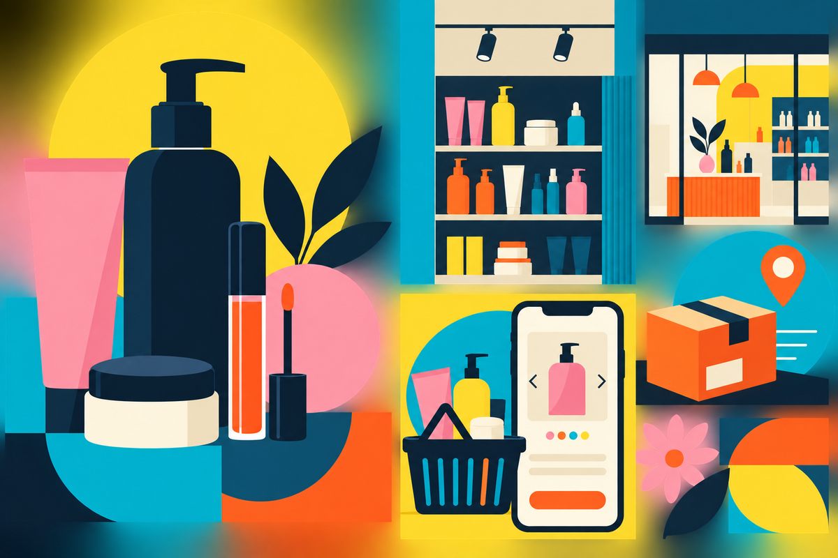 Abstract Swiss-style illustration of beauty products, a shop, mobile commerce and delivery