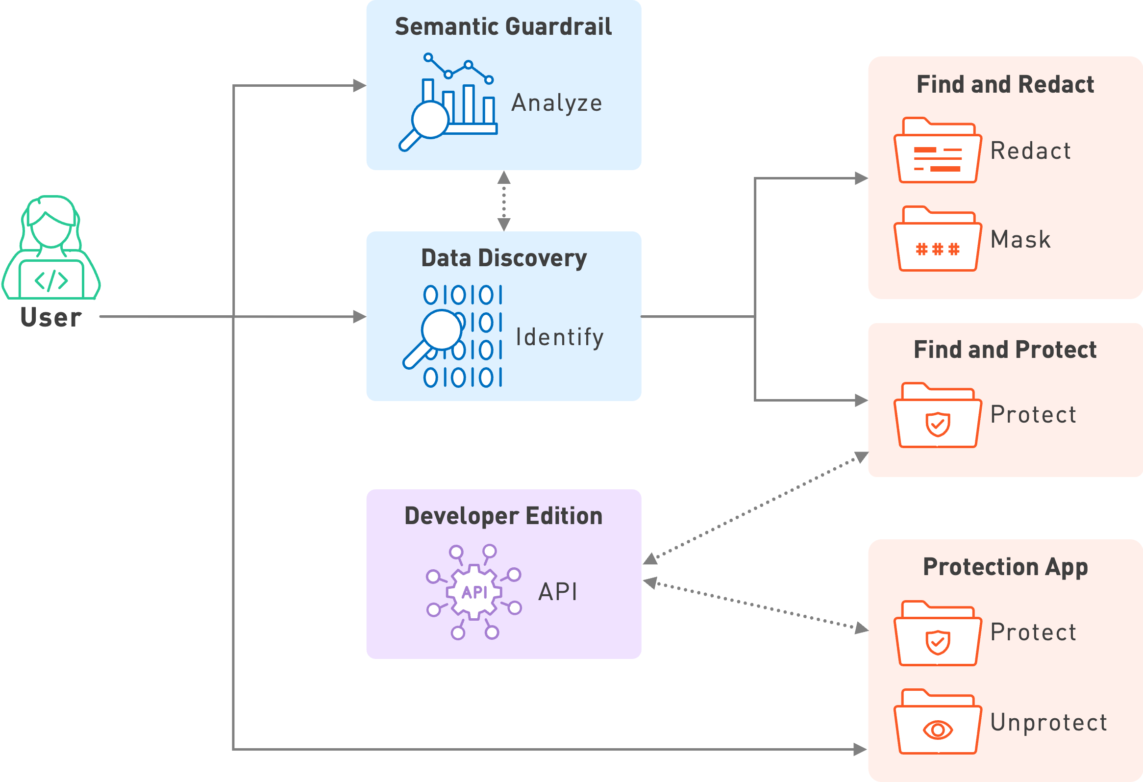 Protegrity Developer Edition diagram connecting discovery and semantic guardrails with redaction, protection and authorized unprotection