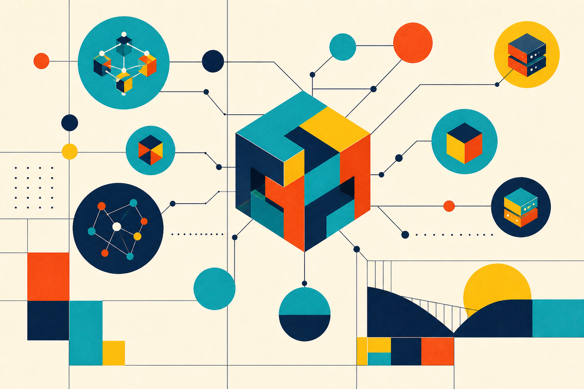 Abstract Swiss-style illustration of a content-addressed network connecting data blocks and distributed nodes