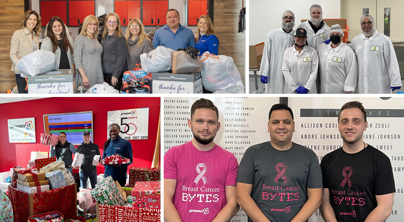 Company collage showing donation collections, volunteers in protective clothing, holiday gifts and employees wearing breast cancer awareness shirts