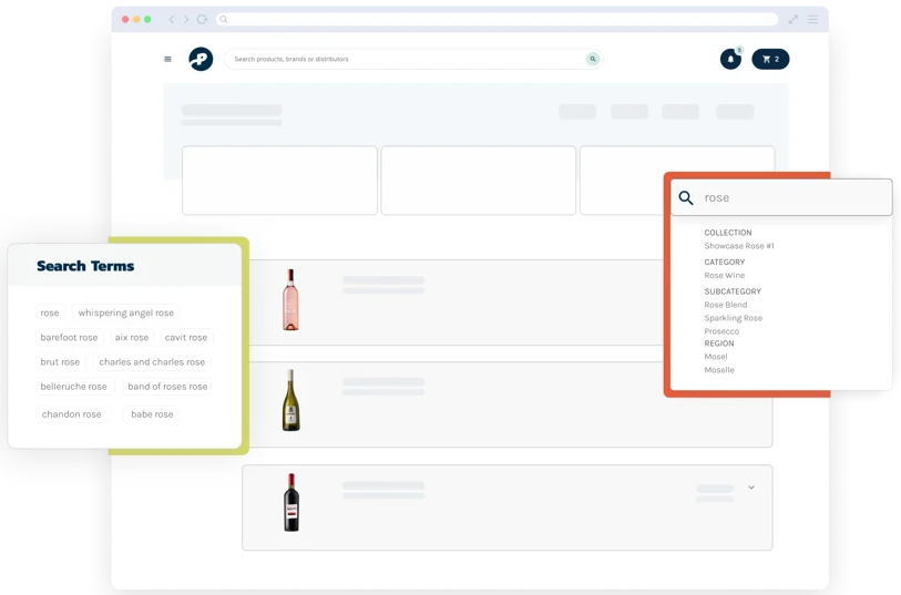 Provi product illustration showing catalog search and suggested wine search terms