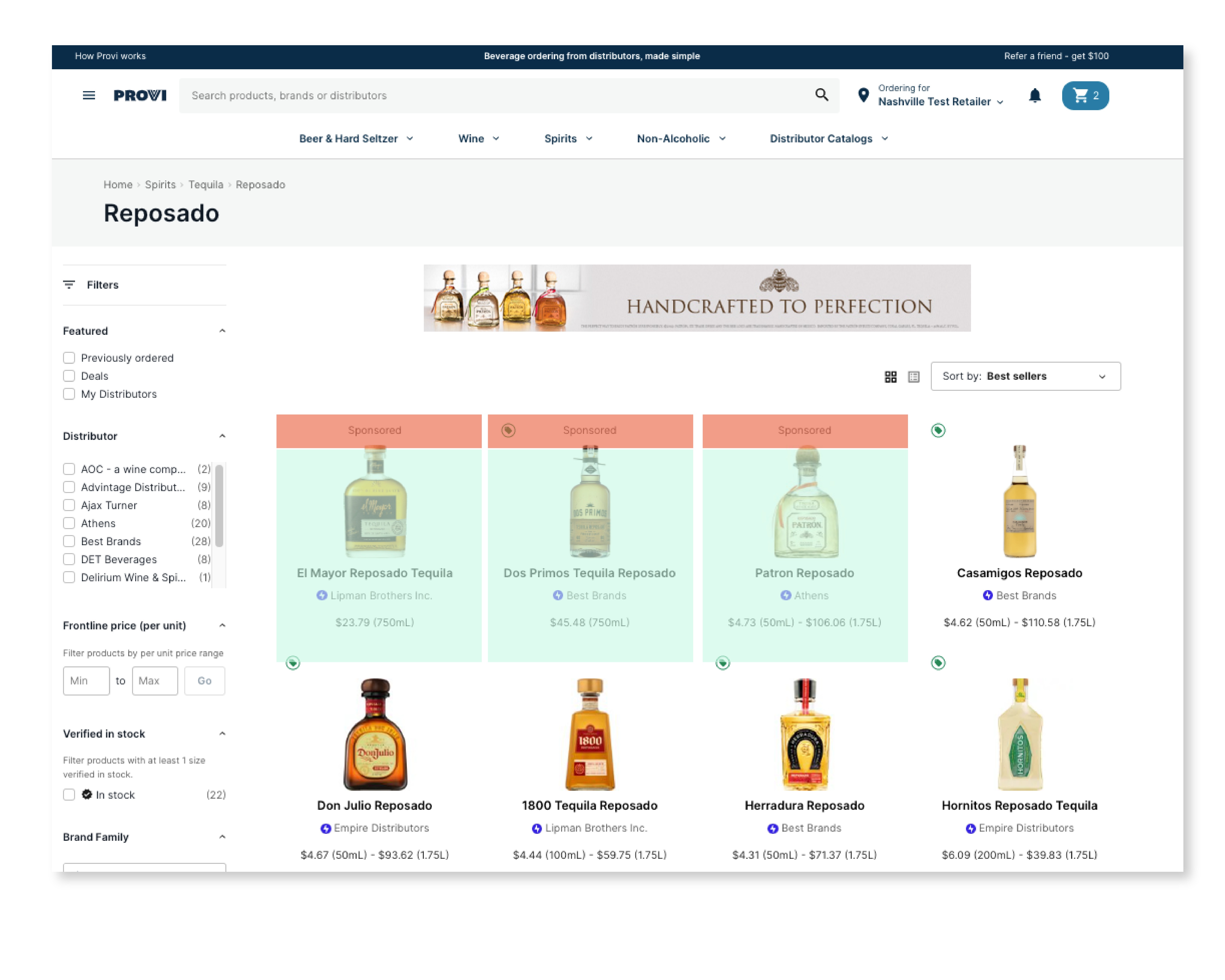 Provi’s annotated 2023 tequila category screenshot with highlighted sponsored listings and distributor filters