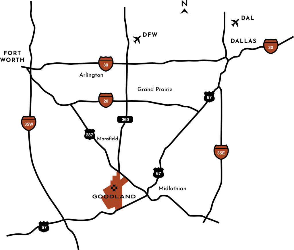 Regional map showing the location of the Goodland community in the Dallas-Fort Worth area
