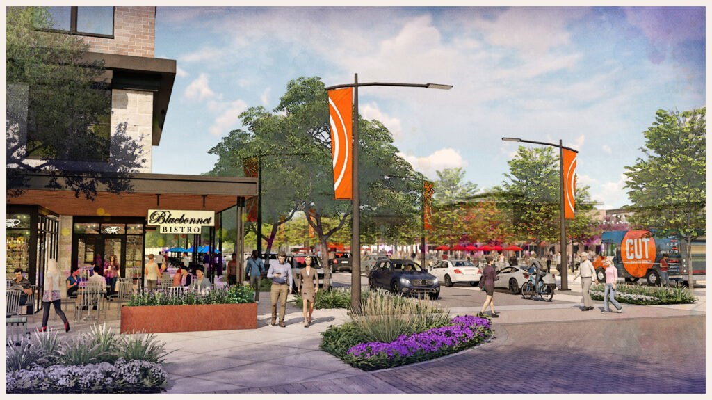 Rendering of a walkable town-center district within a master-planned community
