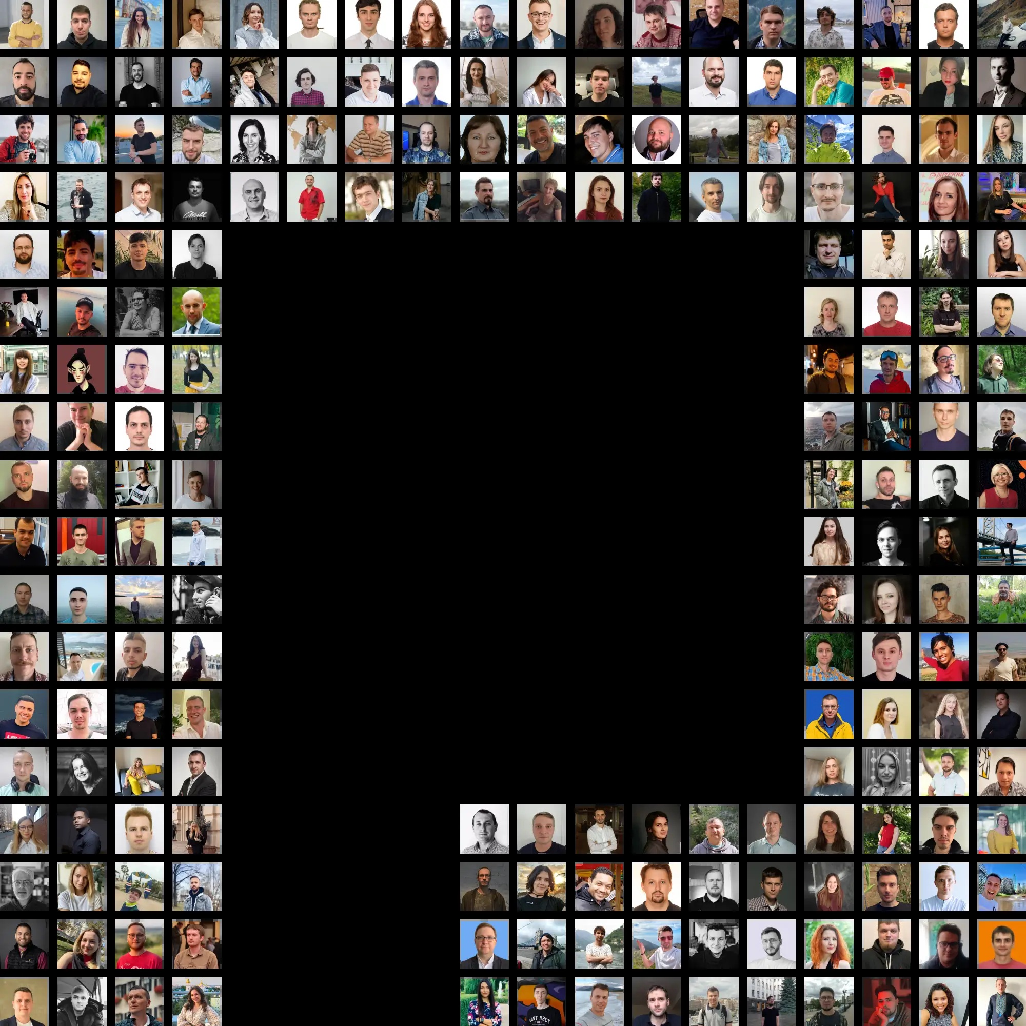 Proxet’s published collage of team portraits arranged around a large letter P