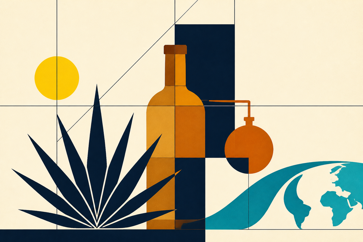 Abstract Swiss-style composition of an agave plant, bottle, copper still and global distribution arc