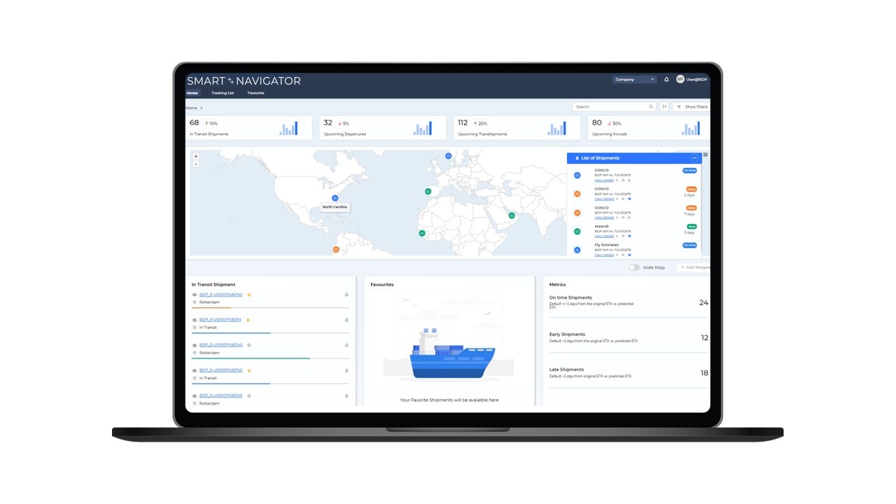 Official Smart Navigator product image showing a shipment dashboard and map
