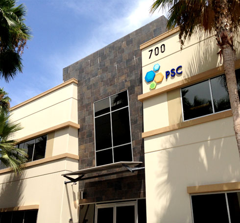 Exterior of PSC Biotech’s Pomona office building, photographed from below