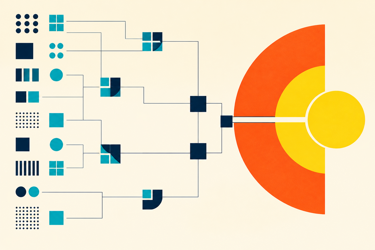 Abstract geometric network of small software modules converging into a larger growth system