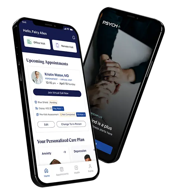 PsychPlus promotional view of its patient mobile app