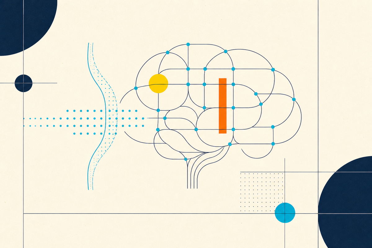 Abstract Swiss-style illustration of a brain formed by geometric paths, nodes and barriers