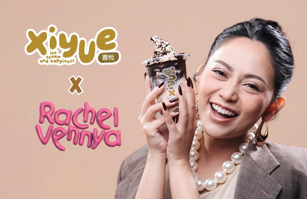Official Xiyue tiramisu campaign featuring Rachel Vennya holding a branded dessert