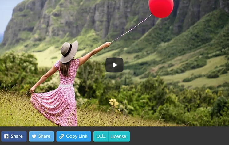 Pub demonstration showing a video of a woman with a red balloon and a turquoise License button beside sharing controls