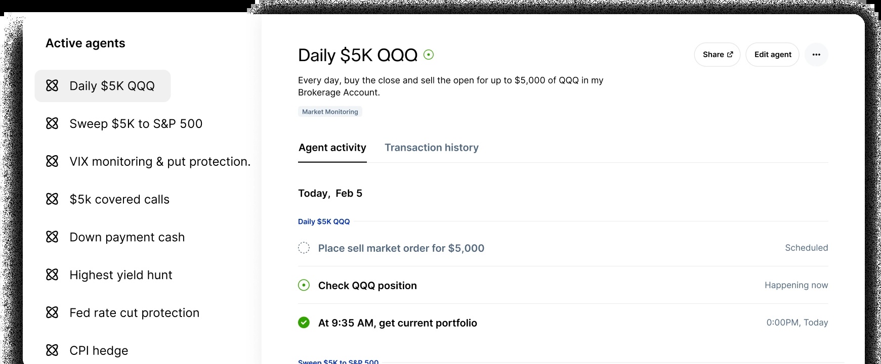 Public’s AI Agents interface showing investor-defined tasks and an activity log