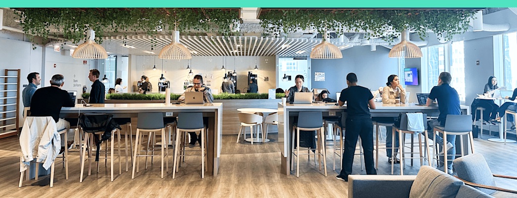 People working at shared tables beneath plants and pendant lights in a workplace shown on Publicis Collective’s careers page.