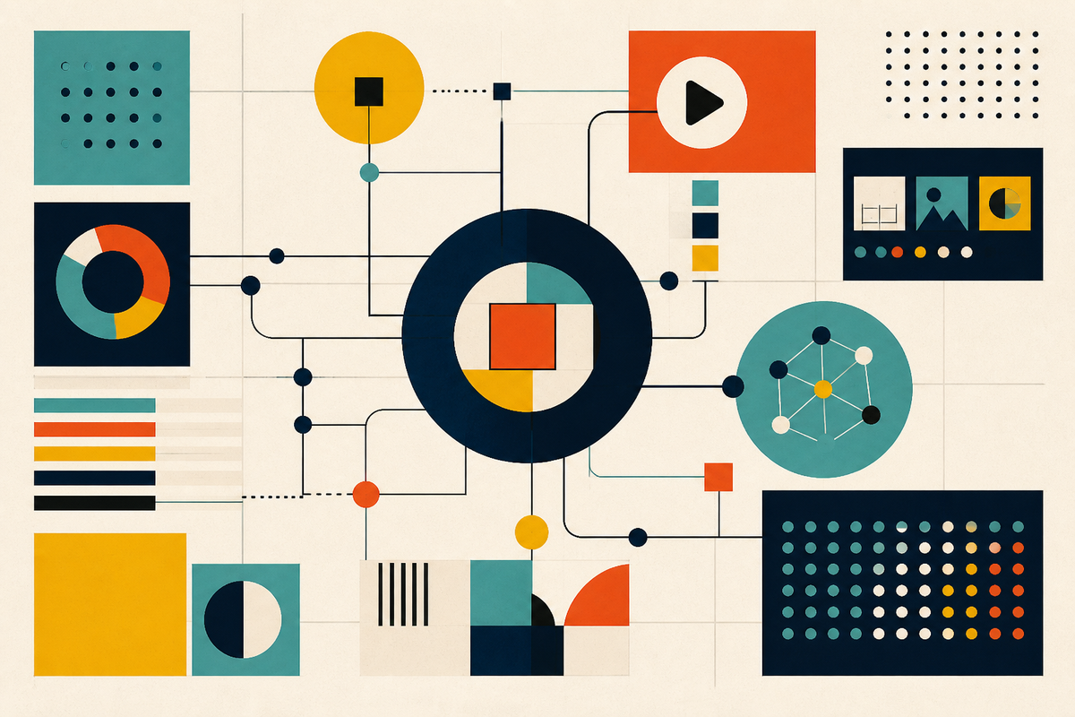 Abstract Swiss-style diagram of interconnected media, data and creative modules