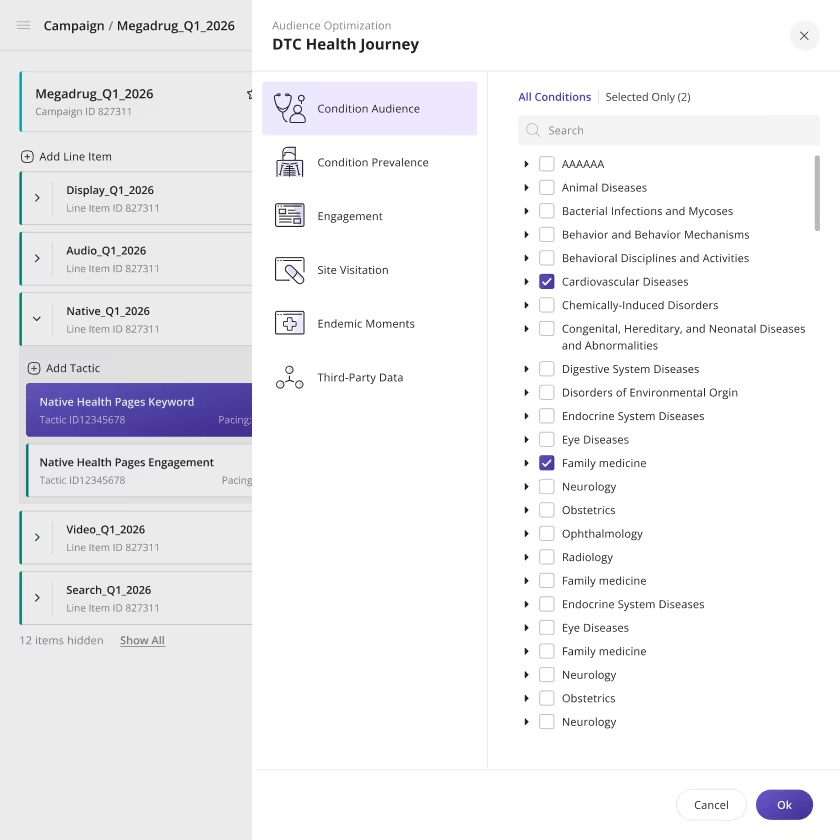 PulsePoint DTC Health Journey interface showing audience optimization categories and condition filters