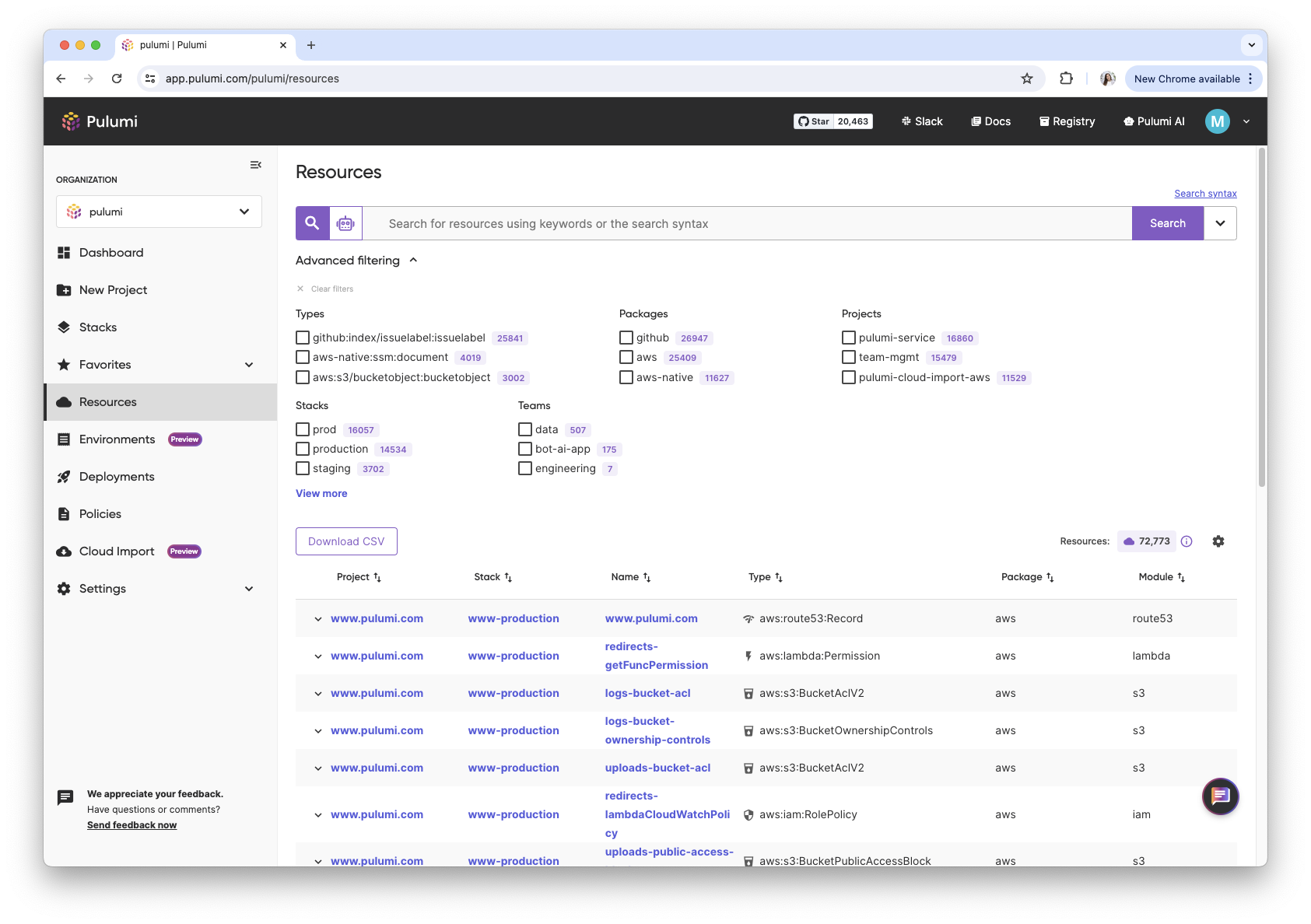 Pulumi Cloud resource search interface showing filters, stacks and cloud resources