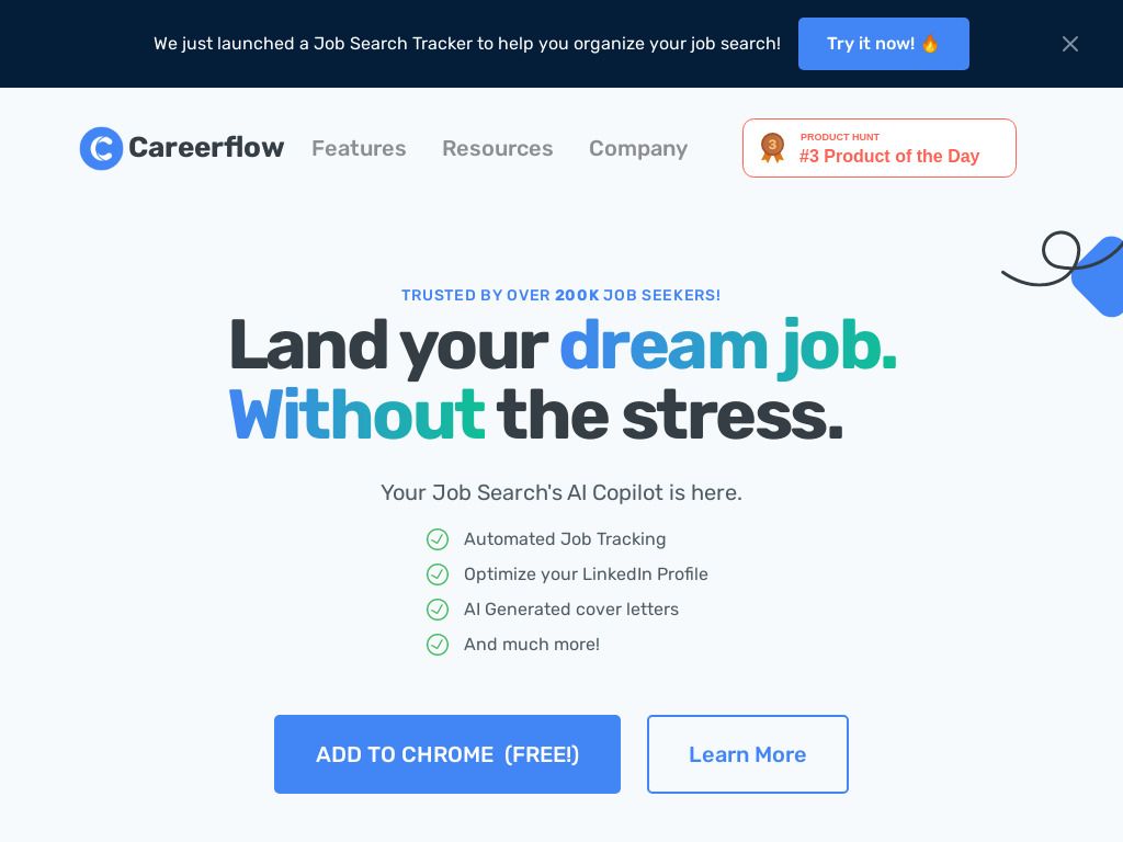 An early Careerflow homepage presenting automated job tracking, LinkedIn optimization and AI-generated cover letters