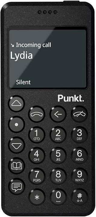 Front view of the black Punkt MP02 showing an incoming call on its small screen