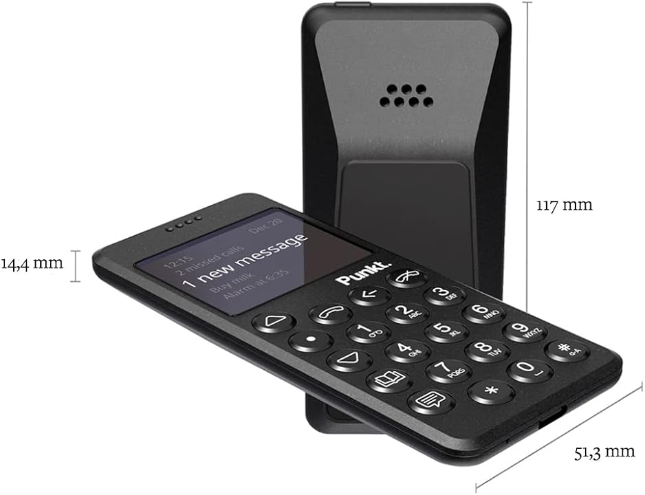 Front and rear views of the Punkt MP02 with its dimensions marked