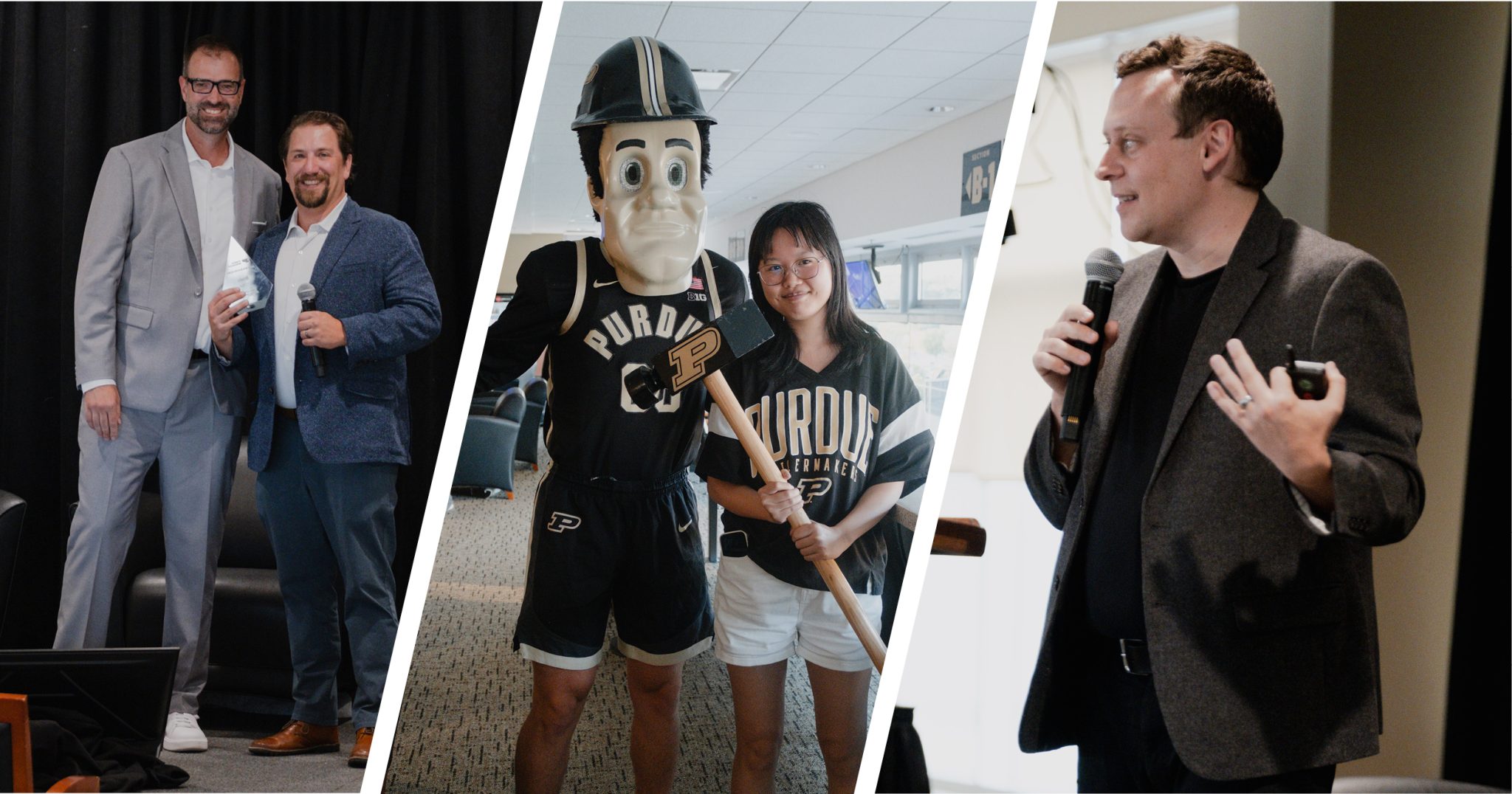 A collage of participants, Purdue Pete and a presenter at the August 2026 Accelerator Pitch Night