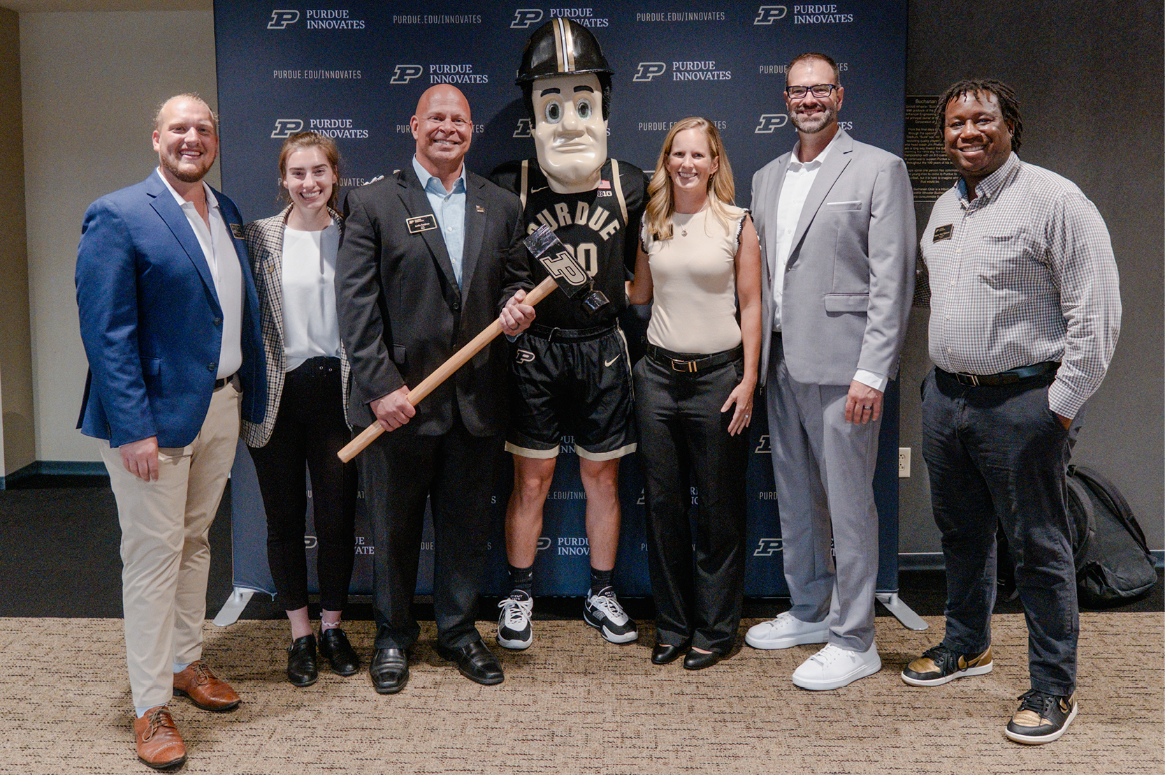 The Purdue Innovates team posing with Purdue Pete at the 2026 Pitch Night event