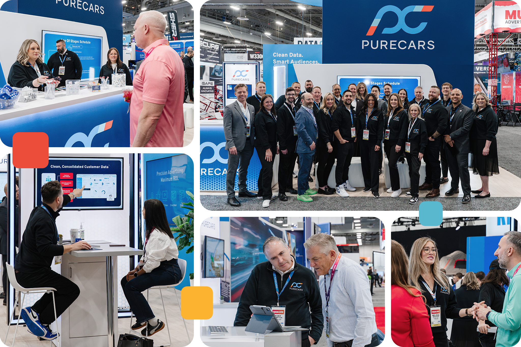 PureCars employees speaking with automotive retailers and posing at the company's NADA 2026 exhibition booth