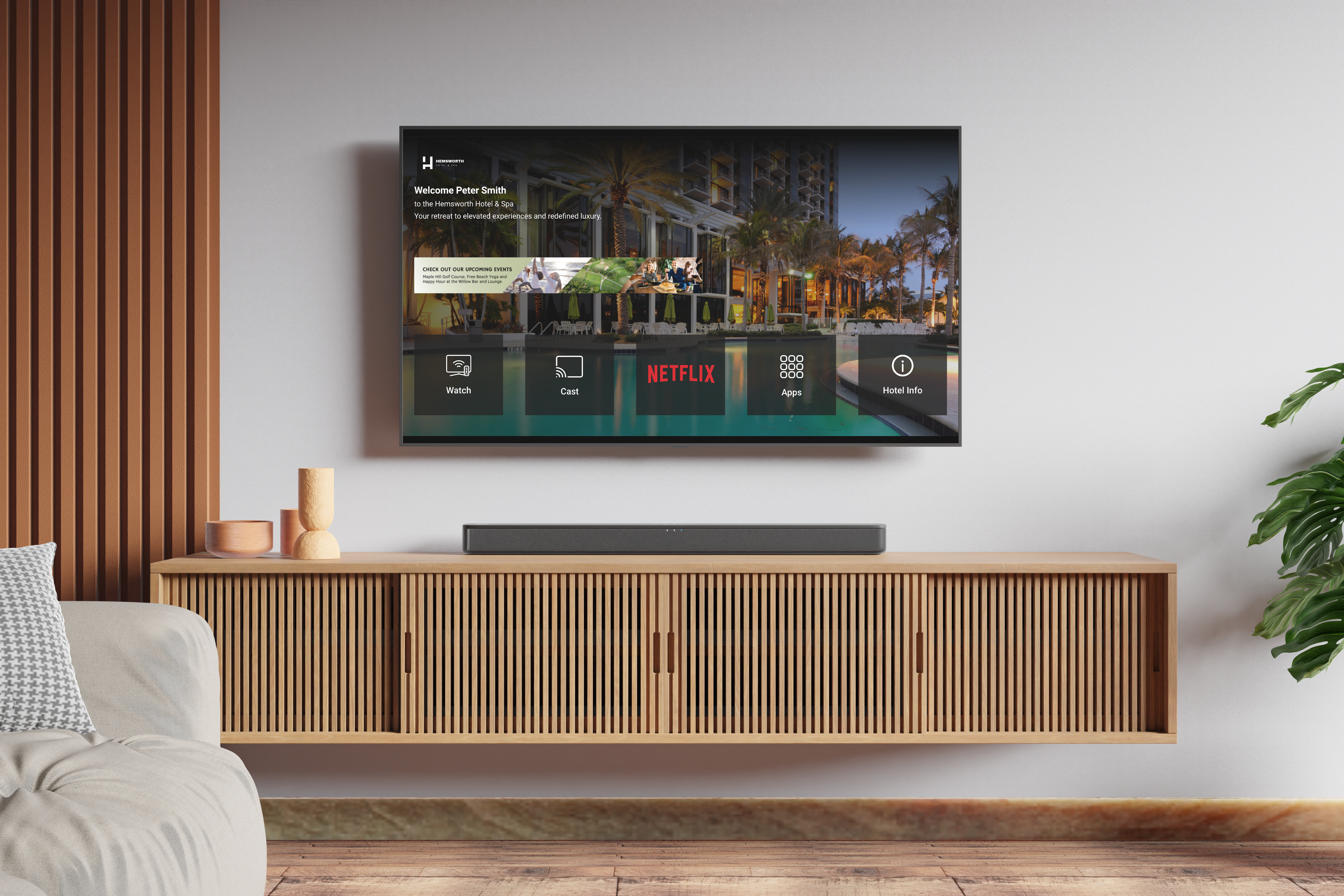 OnStream hotel television interface displayed on a television and mobile device
