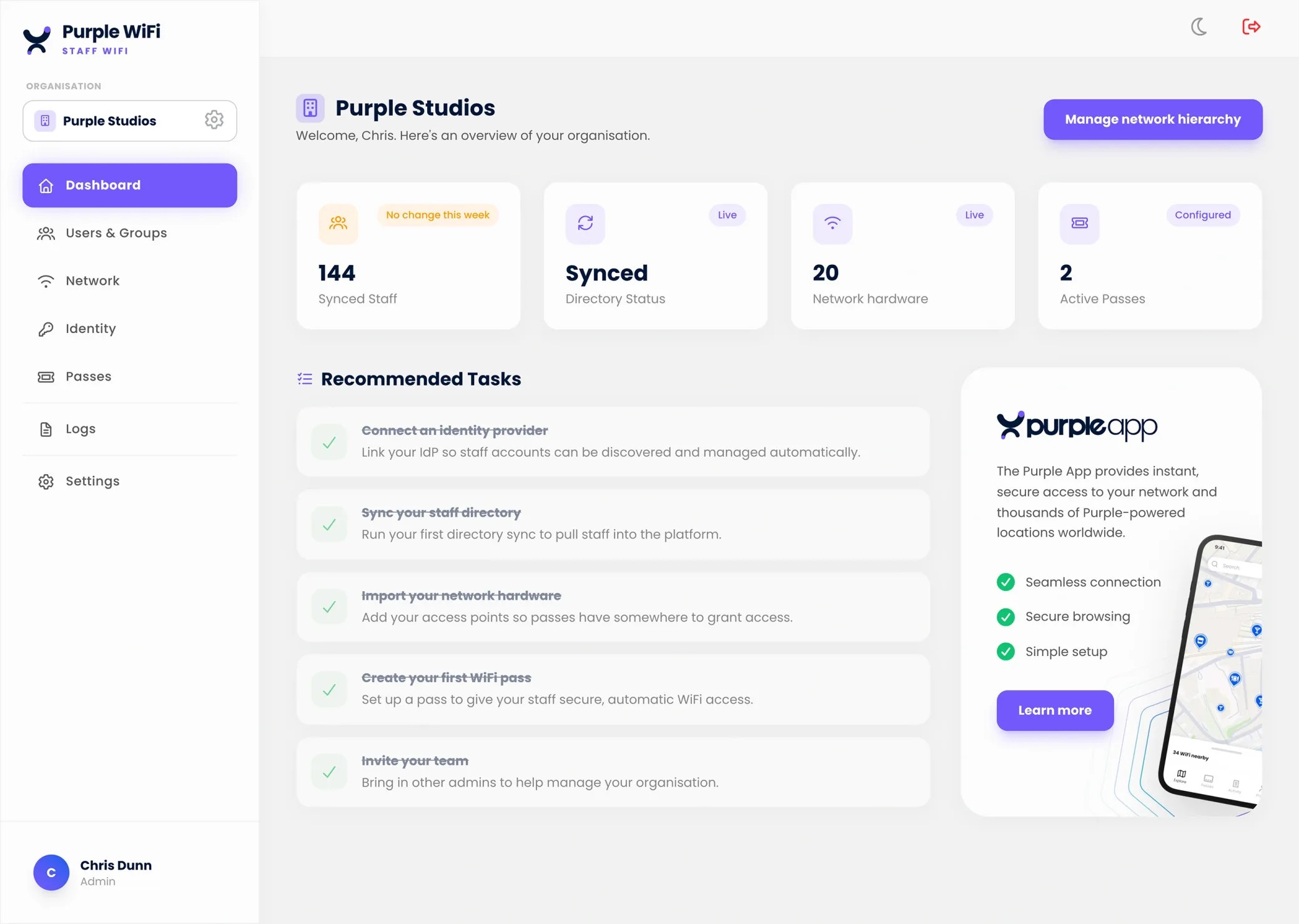Purple's staff WiFi software dashboard displayed inside a laptop mockup
