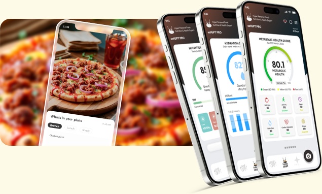 Tweak & Eat app screens beside a photographed pizza plate