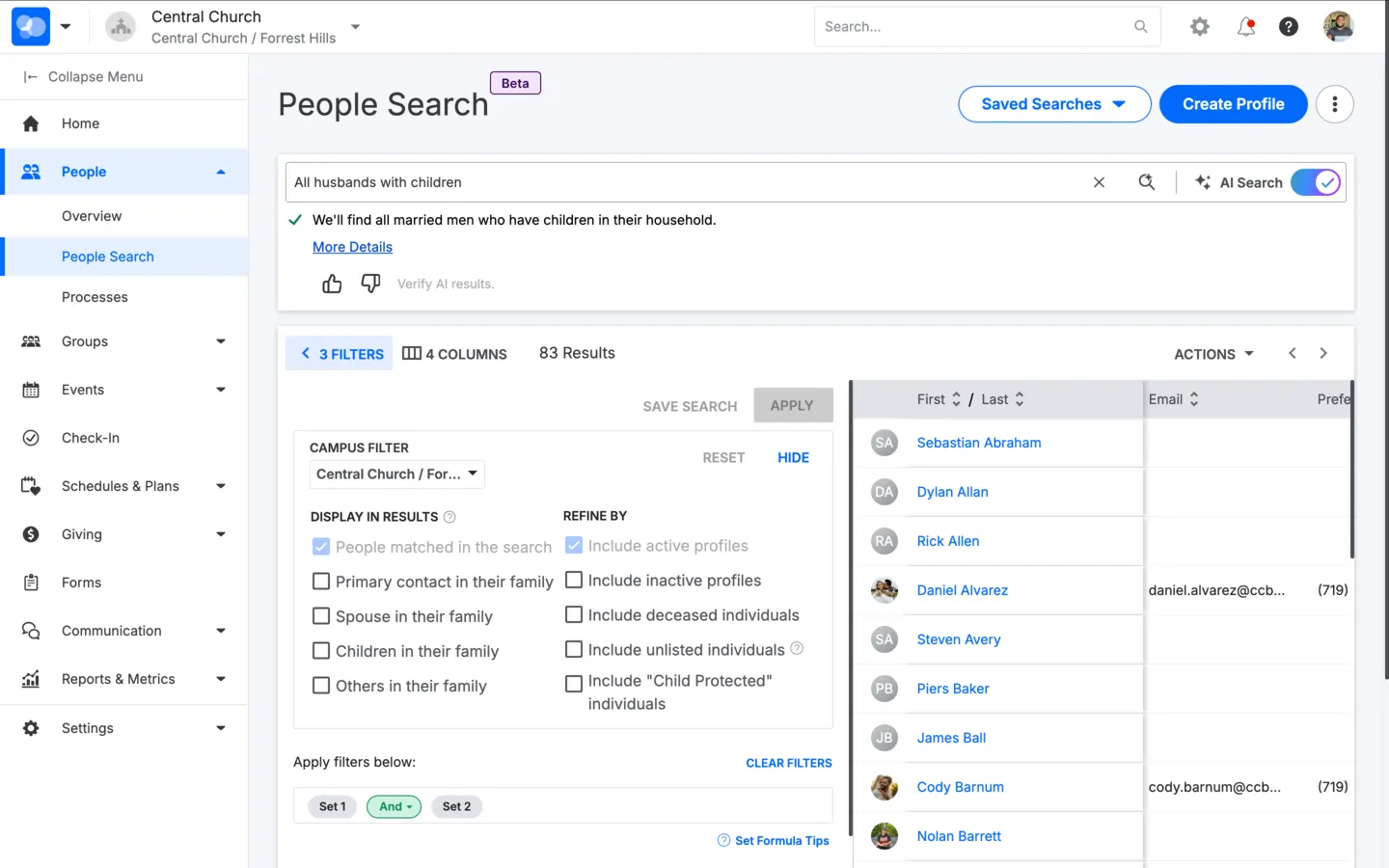 Pushpay AI People Search product interface