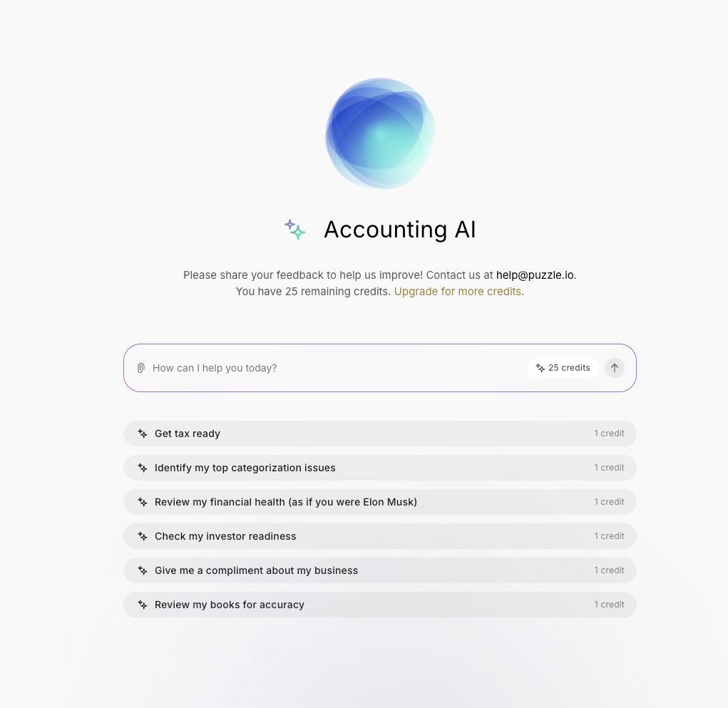 Puzzle Accounting AI chat interface with prompts for tax readiness, categorization issues, financial health, investor readiness, and book accuracy