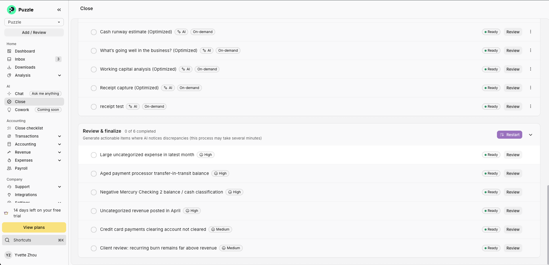 Puzzle AI Close interface showing review-ready tasks and flagged accounting issues