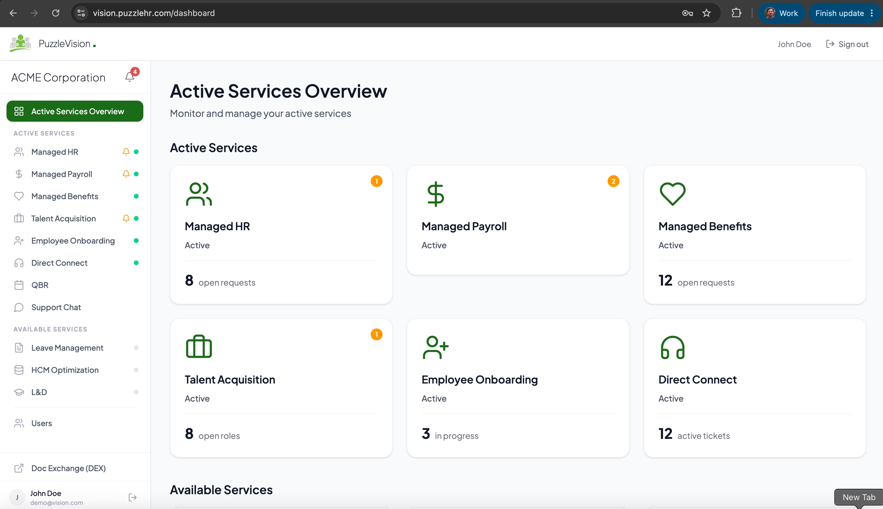 PuzzleVision client dashboard showing HR service activity and navigation