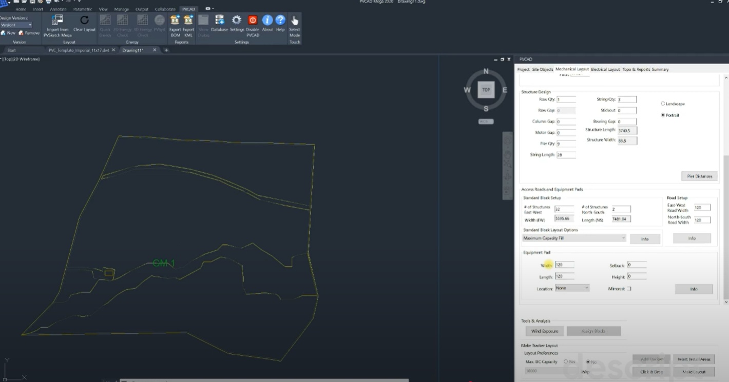 PVCAD Mega interface showing a ground-mount site outline and mechanical layout settings