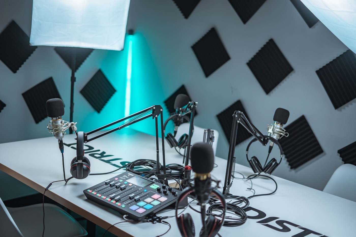 Microphones and audio equipment arranged in a recording studio