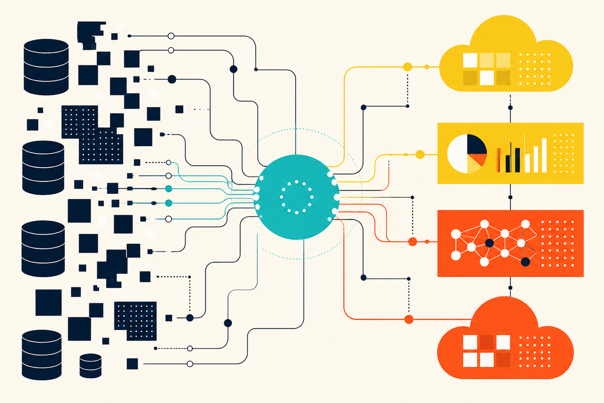 Abstract Swiss-style diagram of databases feeding an orchestration node, cloud services, analytics and AI systems