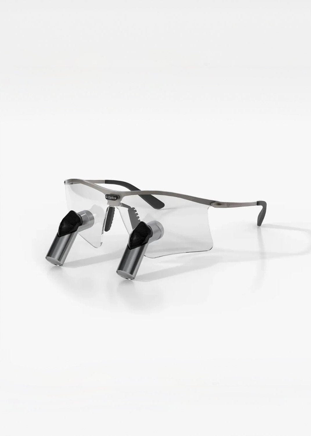 Q-Optics ErgoAngle loupes with angled telescopes on a titanium frame