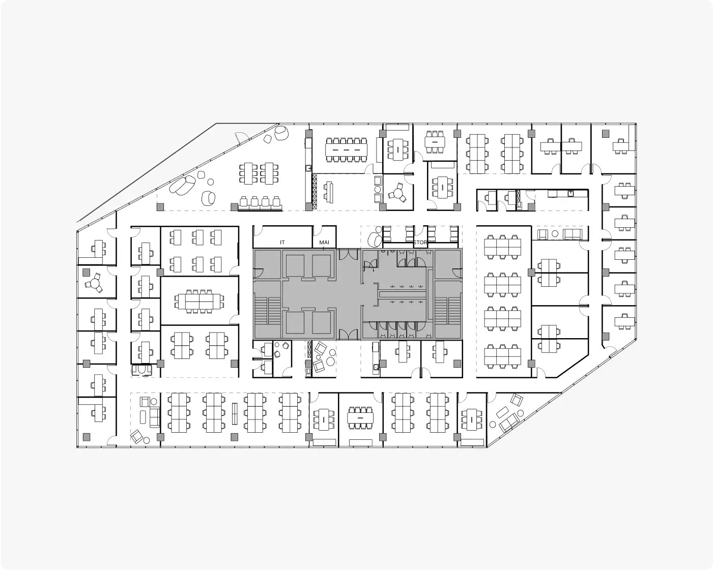 A detailed office floor plan showing meeting rooms, workstations and circulation around a central core