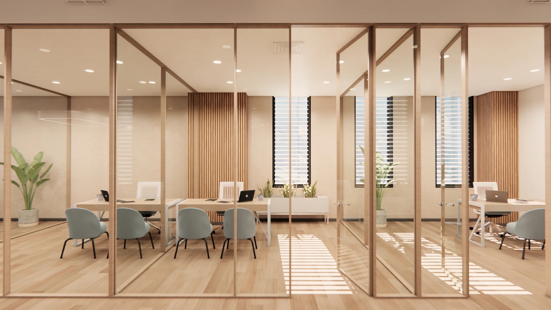 Warm rendered office interior with glass partitions, desks and natural light