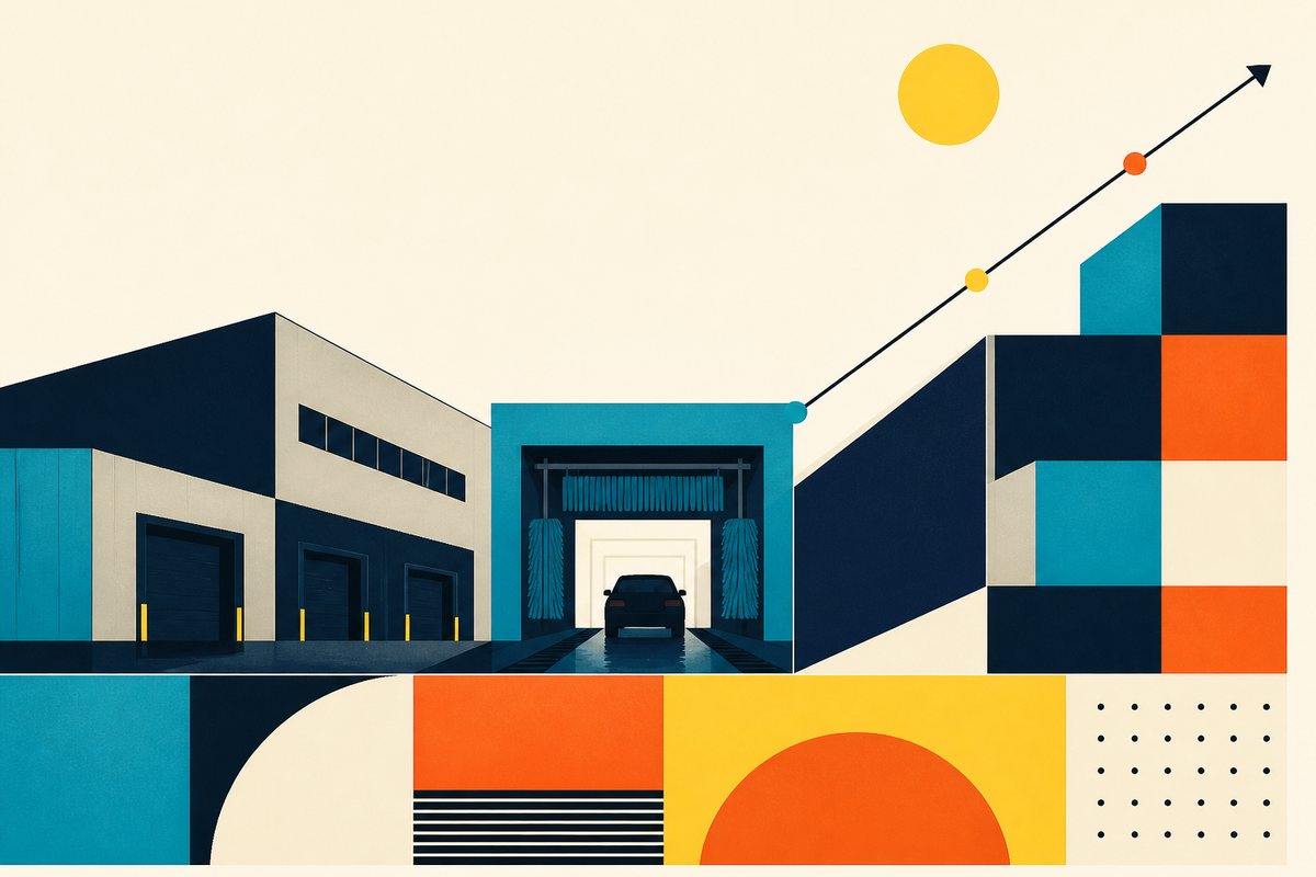 Abstract Swiss-style illustration of a car-wash tunnel, industrial buildings and geometric blocks