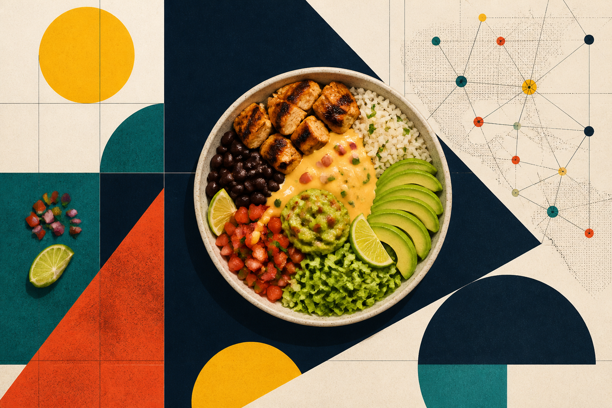 Swiss-style illustration of a customizable burrito bowl surrounded by geometric shapes and network nodes