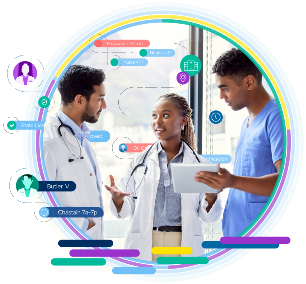 QGenda marketing illustration connecting a clinical care team with workforce information