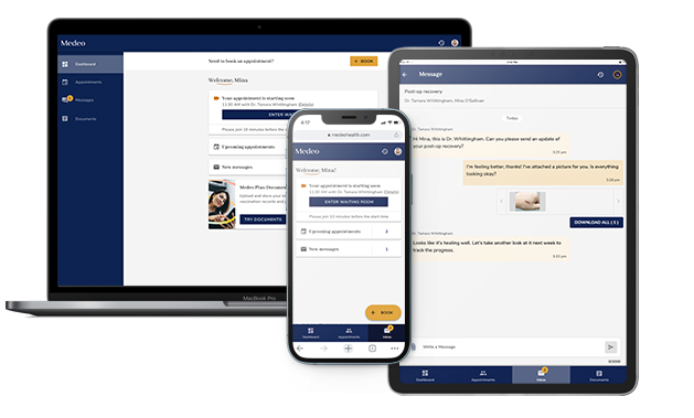 Medeo product illustration showing booking and messaging on a laptop, tablet and phone