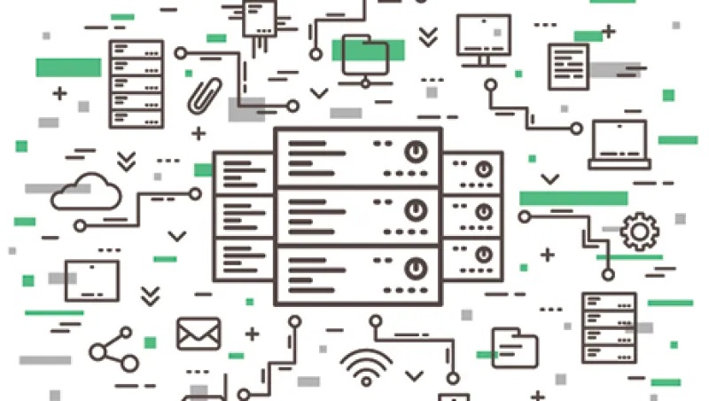 Editorial illustration of interconnected servers, computers and data devices