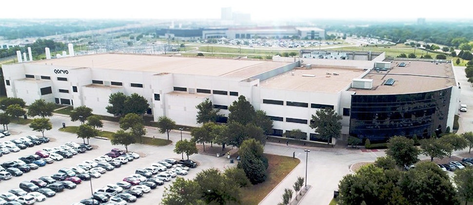 Aerial photograph of Qorvo’s Richardson, Texas facility, with trees and parking areas