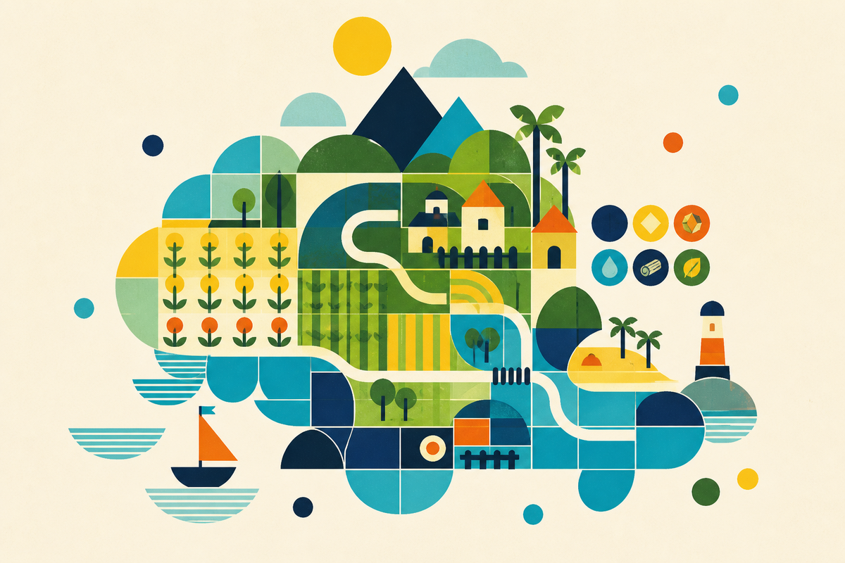 A geometric Swiss-style island made of fields, paths, houses, water and resource tokens