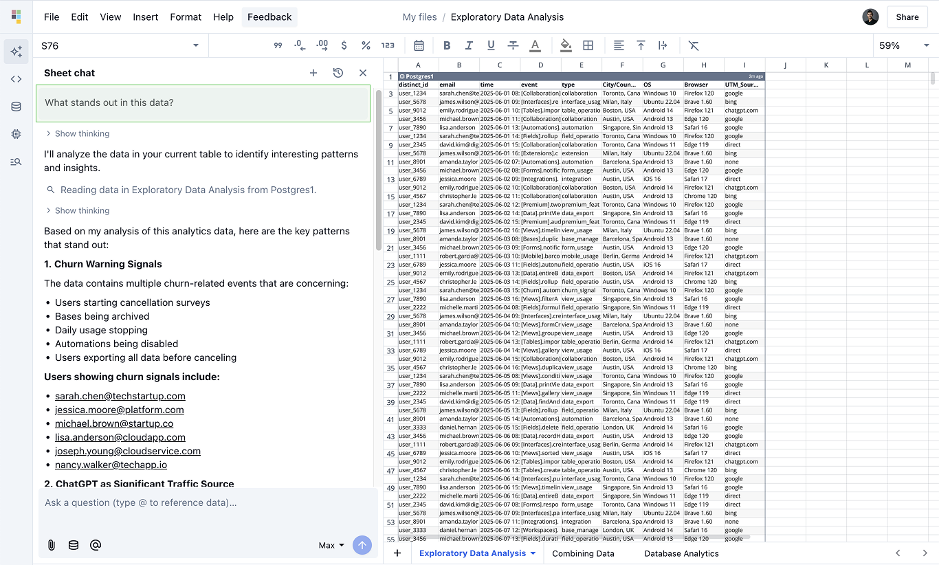 Quadratic AI chat identifying churn signals beside a connected product-events table